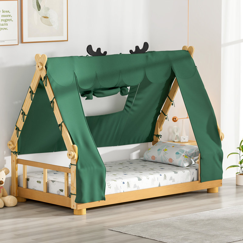  Twin Size Canopy Bed Frame with Removable Fabric Cover, Yellow