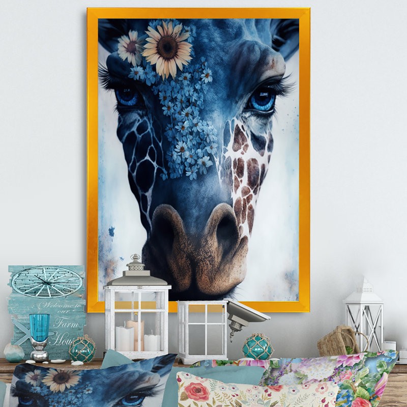 Portrait de girafe avec tournesols II - reproduction sur toile, L 16 po x H 32 po, Impression dorée sur toile encadrée