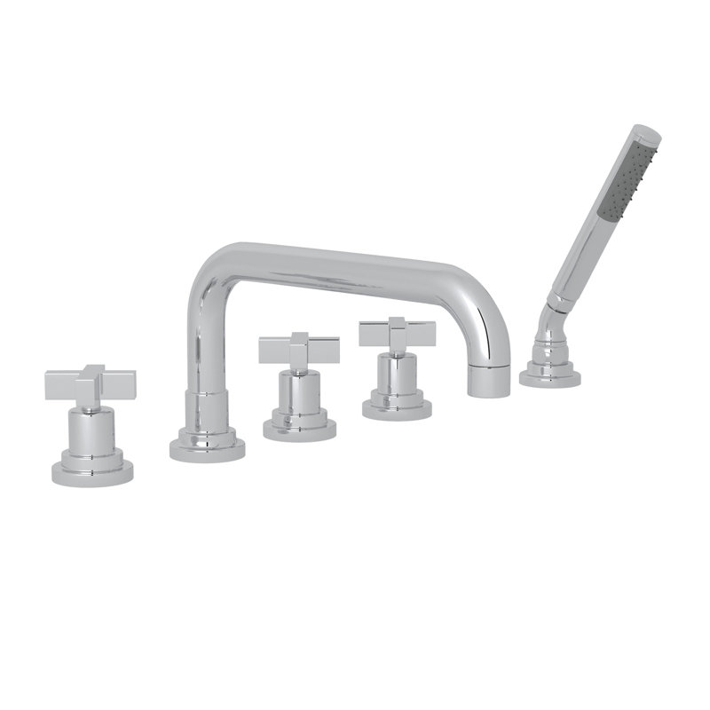 Lombardia® Deck Mounted Roman Tub Faucet, Polished Chrome, Industrial Metal Wheel Handle