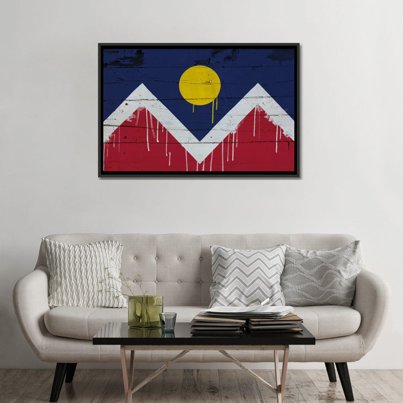 « denver flag », planches en bois avec peinture gouttes, impression sur toile, Toile avec cadre noir, Pas de tapis