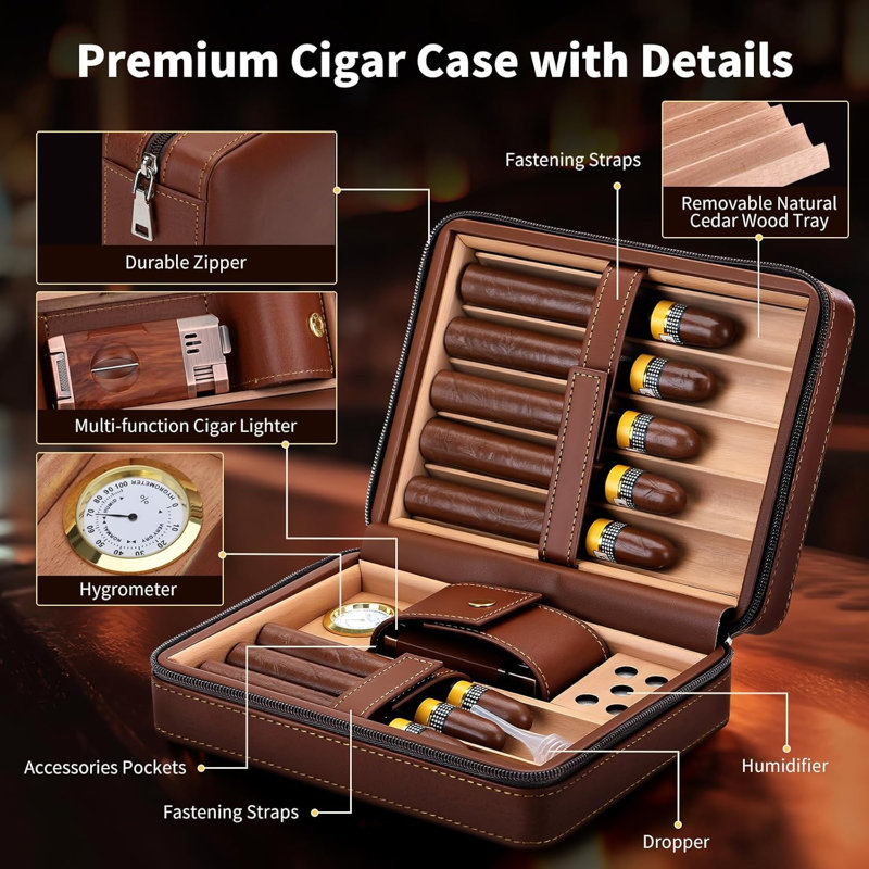 Étui à cigares de voyage, boîte en cuir doublée de bois de cèdre avec coupe-V intégré 3 en 1, humidificateur, hygromètre, pochette pour accessoires, rangement portable pour 8 cigares