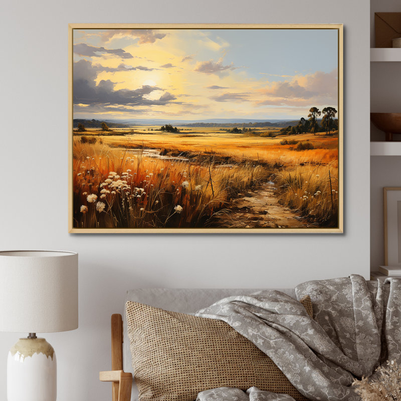 «Yellow Wheat Field Meadows III - Meadow», art mural, Cadre flottant brun, H 34 po x l 44 po x P 1,5 po