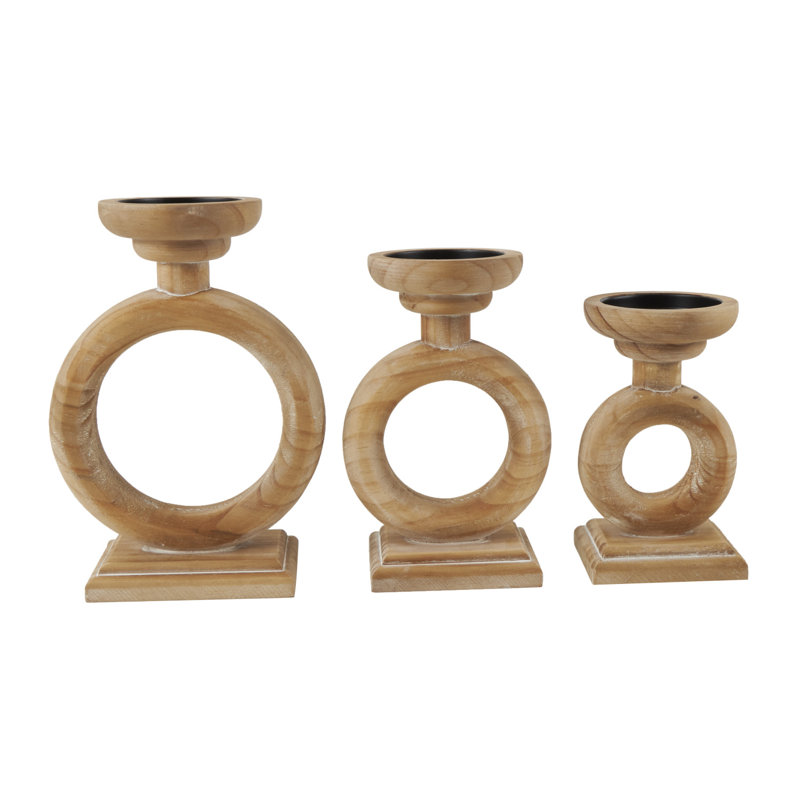 Wood Circular Ring Decorative Brown Candle Holder Set