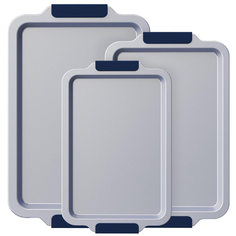 Ensemble de 3 plaques à pâtisserie antiadhésives en céramique, plaques à biscuits non toxiques (sans PFAS / PFOA / PTFE), plateaux de four en acier avec poignées en silicone, résistant à la rouille et à la déformation jusqu'à 500 ° F