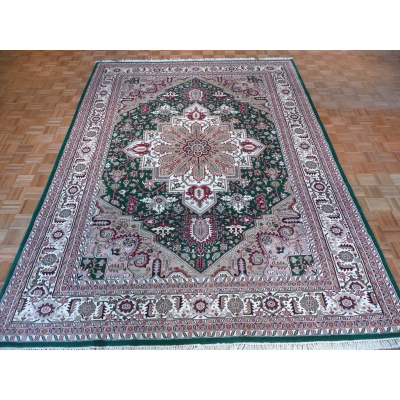 Tapis unique en laine noué à la main vert / rouge 8 pi 9 po x 12 pi 3 po Mahmood