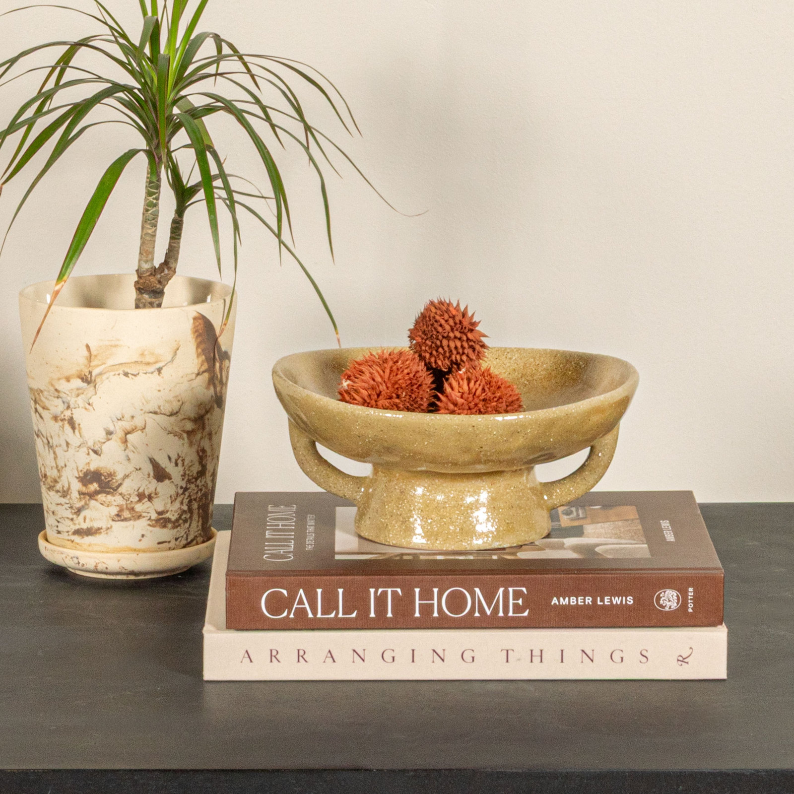 Stoneware Pedestal Serving Bowl, Taupe, 8" W