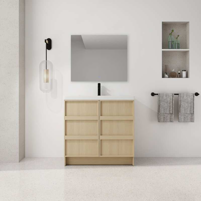 Meuble-lavabo sur pied 36 po avec lavabo en résine et 2 portes d'armoire à fermeture en douceur, contreplaqué, chêne Dune (KD-PACKING)