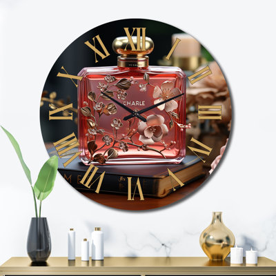 Retro Perfume Bottle With Blossoming Flowers III Metal Wall Clock
