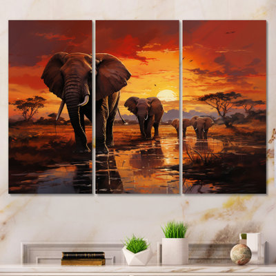 African Elephant Photography At Sunset II Animals Wall Decor on Metal