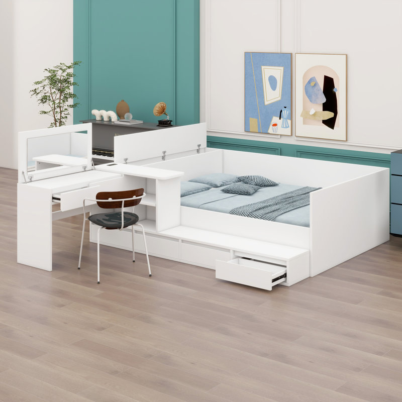 Lit plateforme en bois avec tiroirs, tablettes et coiffeuse, Blanc
