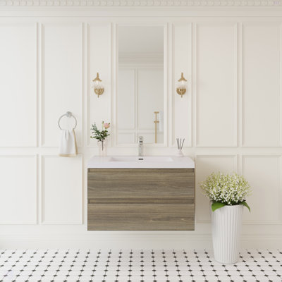 Meuble-lavabo flottant de 36 po avec lavabo, meuble-lavabo mural moderne avec lavabo à surface solide et tiroirs à fermeture en douceur