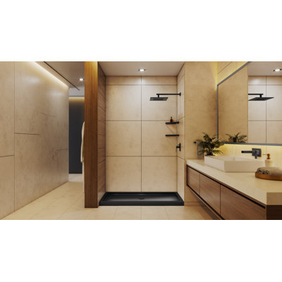 DreamLine SlimLine 32 inch D x 54 inch W x 2 3/4 inch H Single Threshold Black Alcove Shower Base with 2 inch Matte Black Center Round Drain