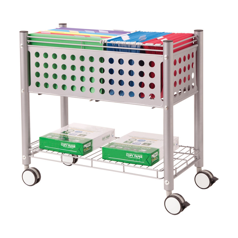 Matte Gray Steel Rolling File Cart with Shelf and Casters
