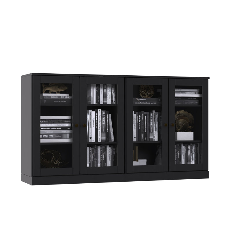 Buffet 100% bois massif 64 "avec portes en verre transparent et tablettes réglables, Noir mat