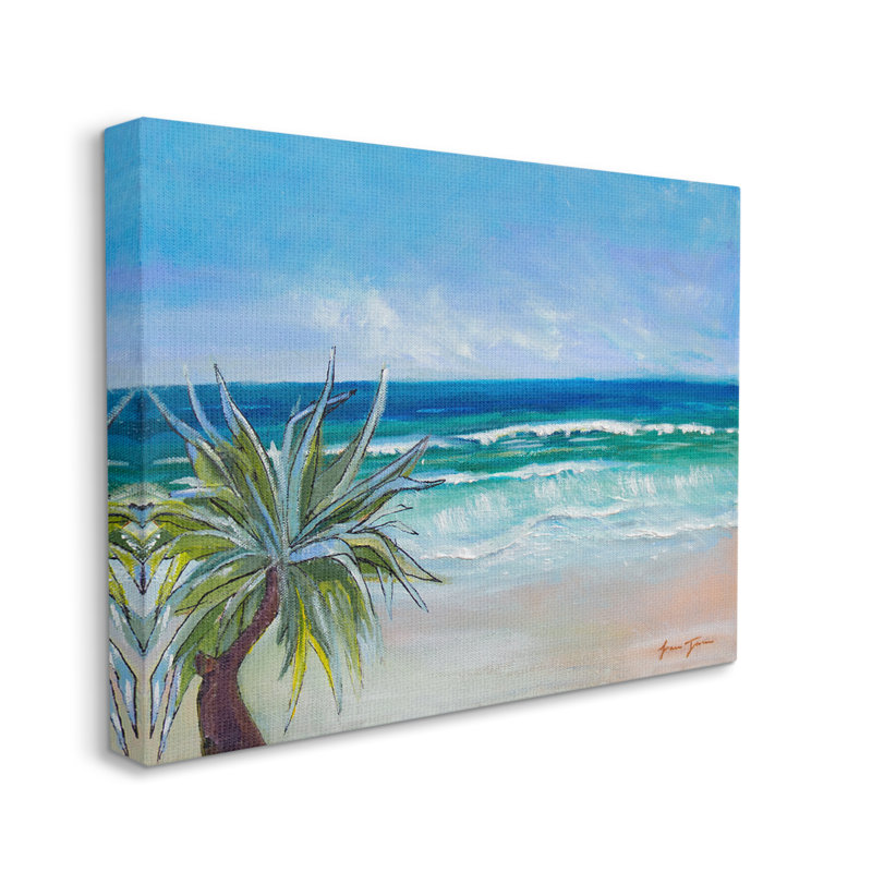 «Incoming Waves Summer Beach Palm Tree», peinture grise surdimensionnée rustique encadrée par estampe numérique, art texturé par Lauren Jane