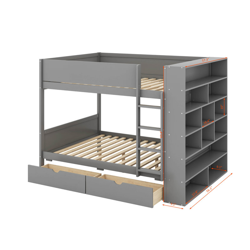 Lit superposé double au-dessus de double avec 2 tiroirs et armoire, Gris, Lit superposé double sur double