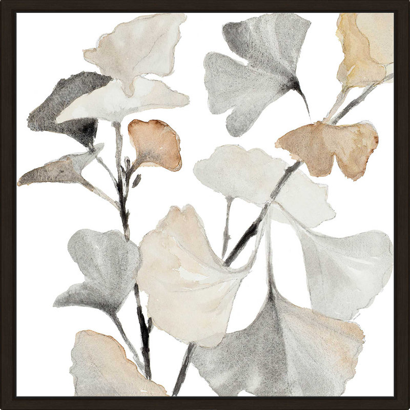 «Mint Ginko Stems I», reproduction de peinture acrylique, H 27,5 po x l 27,5 po x P 2 po, Cadre flottant argent