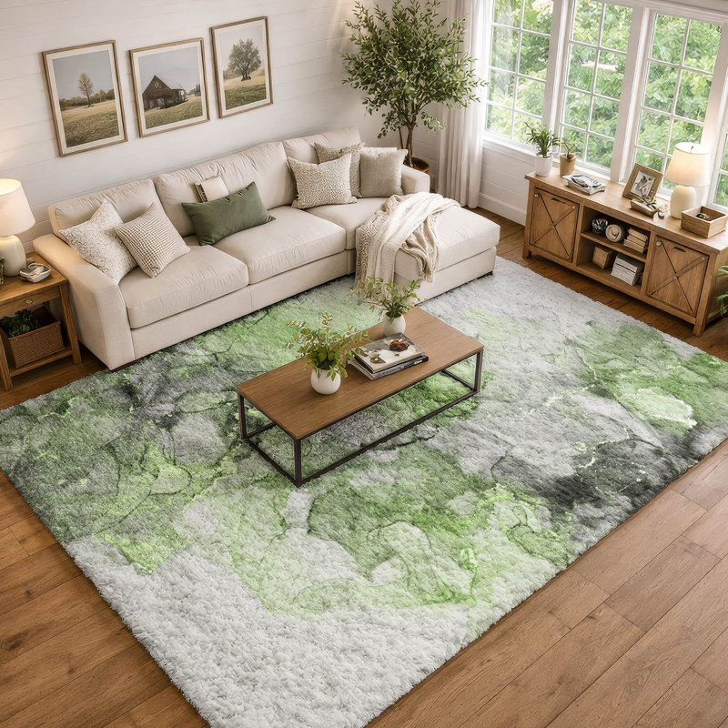 Premium Machine Washable Dream Shag ADS520 Watercolors Rug, Green, 5' x 7'6"
