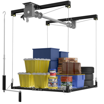 4x4 Ft Heavy-Duty Garage Ceiling Storage Lift Rack, Overhead Adjustable Garage Ceiling Storage System, 400 LBS Capacity, Black