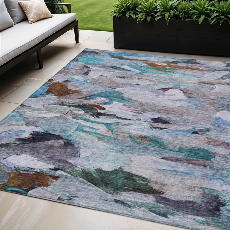 Tapis extérieur lavable abstrait bleu, gris et brun 5 pi x 8 pi