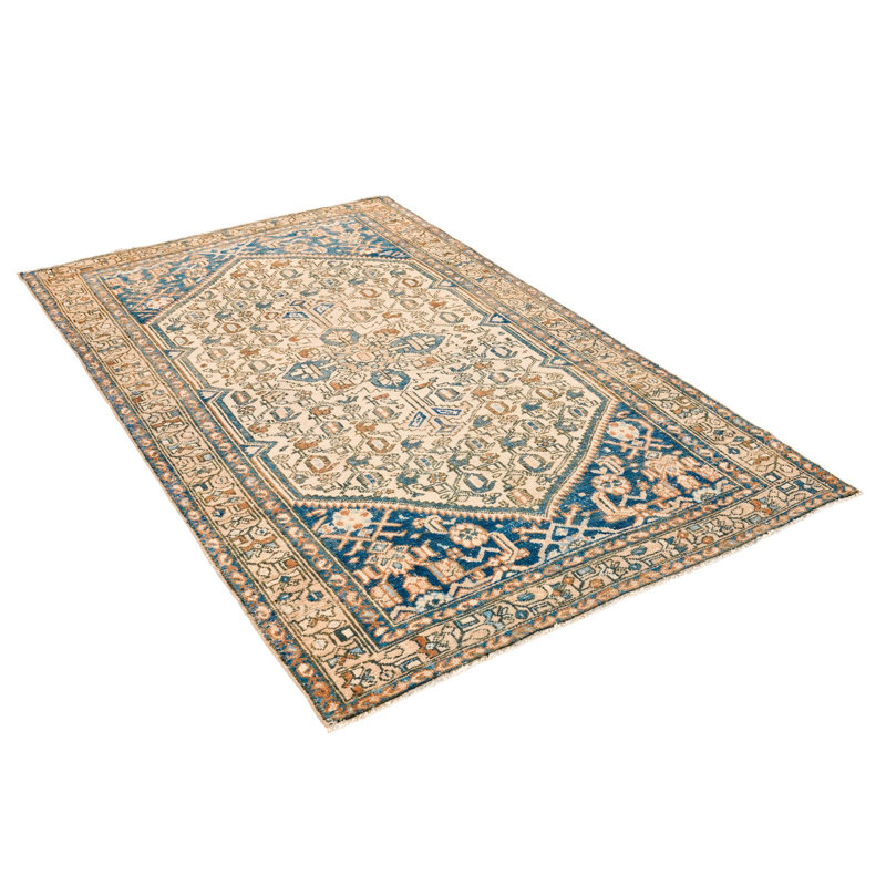 Vintage Handmade 4X7 Blue And Beige Anatolian Turkish Oushak Distressed Area Rug