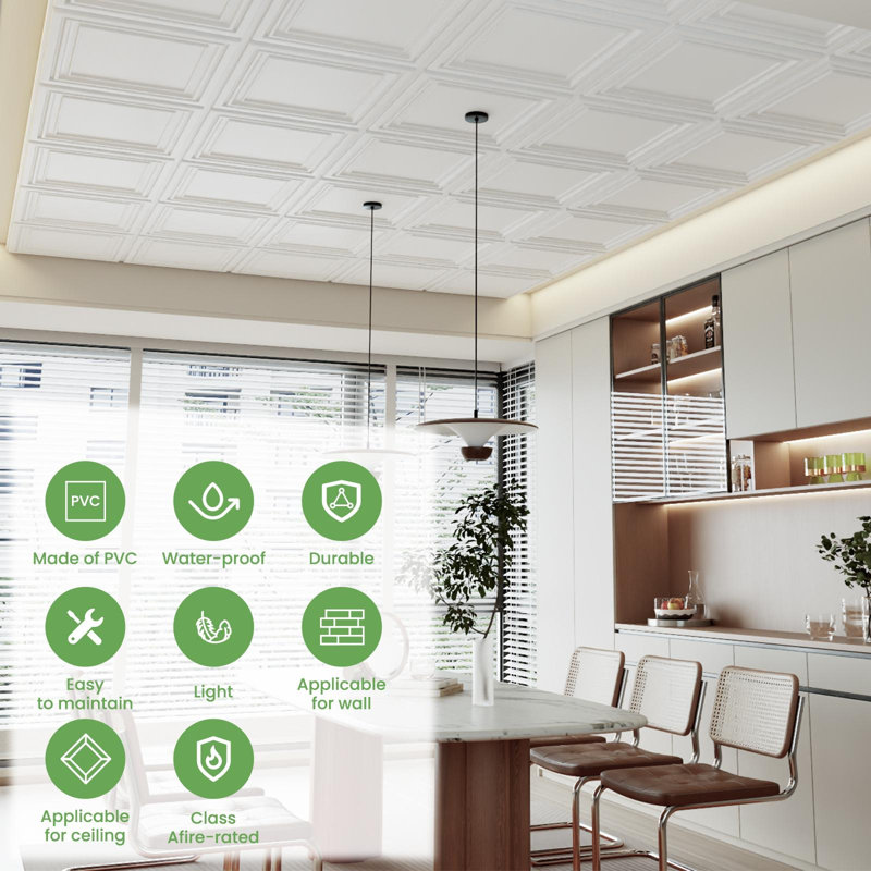 Carreaux de plafond à abattant blanc 24 x 24 po LOoyee 24 pièces 2 x 2 pi Panneaux de plafond lisses en PVC - Résistant au feu et à l'eau pour prévenir les bris - Couvercle de 96 pieds carrés