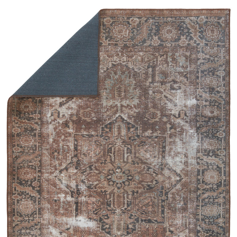 Vintage Blue and Brown Medallion Synthetic Washable Area Rug 5' x 7'