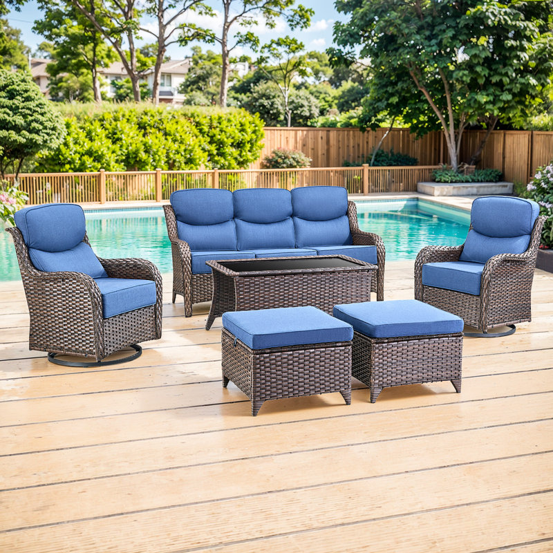  6-Piece Patio Furniture Set With Swivel Glider Chairs, 6-Inch Ultra-Plush Cushions & Water-Resistant Olefin Fabric, Blue