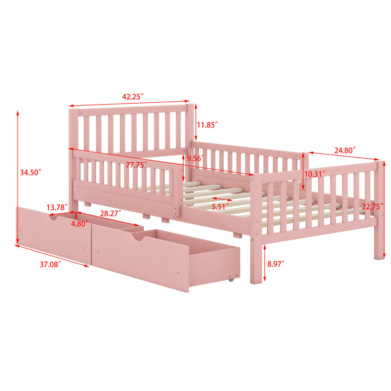Wood Platform Bed With Guardrails On Both Sides And Drawers, Pink, Twin