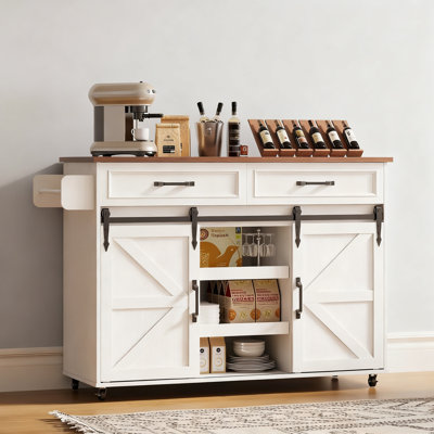 Îlot de cuisine avec armoire et tiroir, chariot d'îlot de cuisine roulant en bois avec portes de grange, blanc