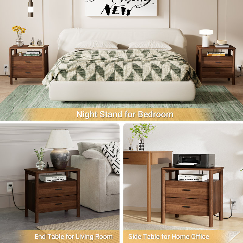 24" Large Nightstand Set of 2 with Charging Station, Solid Round Post Legs, 2 Drawers End Table with Open Shelf, Set of 2