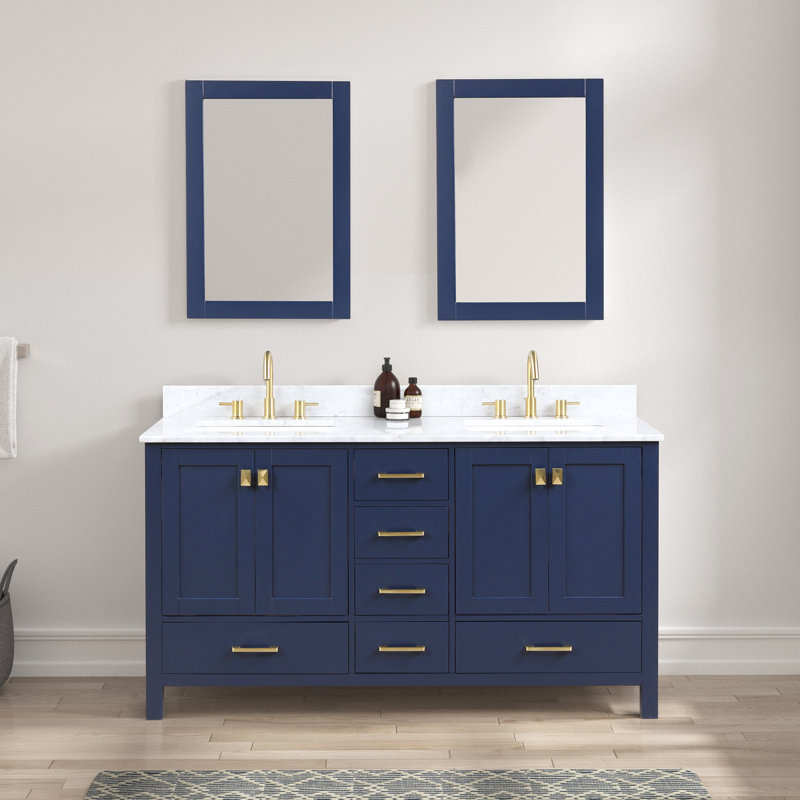 Meuble-lavabo double 60 po avec plateau en marbre de Carrare et miroir Gamali, Bleu
