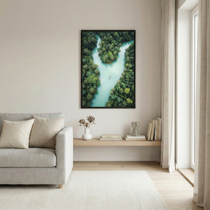 Art mural sur toile noir encadré pour le salon, la chambre à coucher, le bureau ou le vestibule - décoration murale décorative avec rivière tropicale
