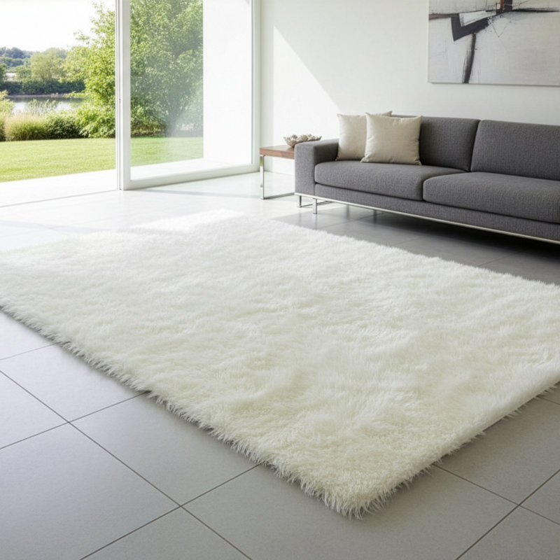 Tapis en similifourrure blanc véritable Mikaeel, 5 pi x 8 pi