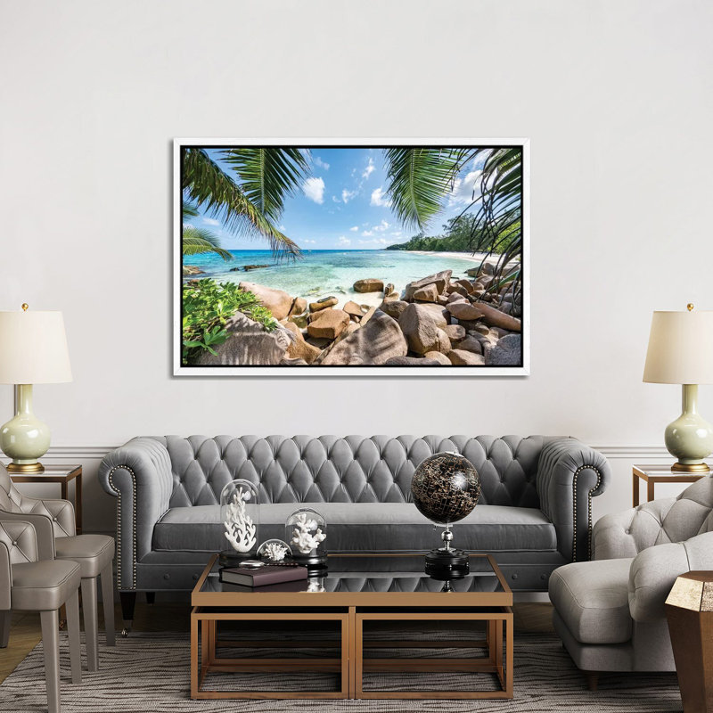 Red Rocks At The Anse Lazio by Jan Becke - Print on Canvas, 152.5 cm H x 101.5 cm W, White Framed