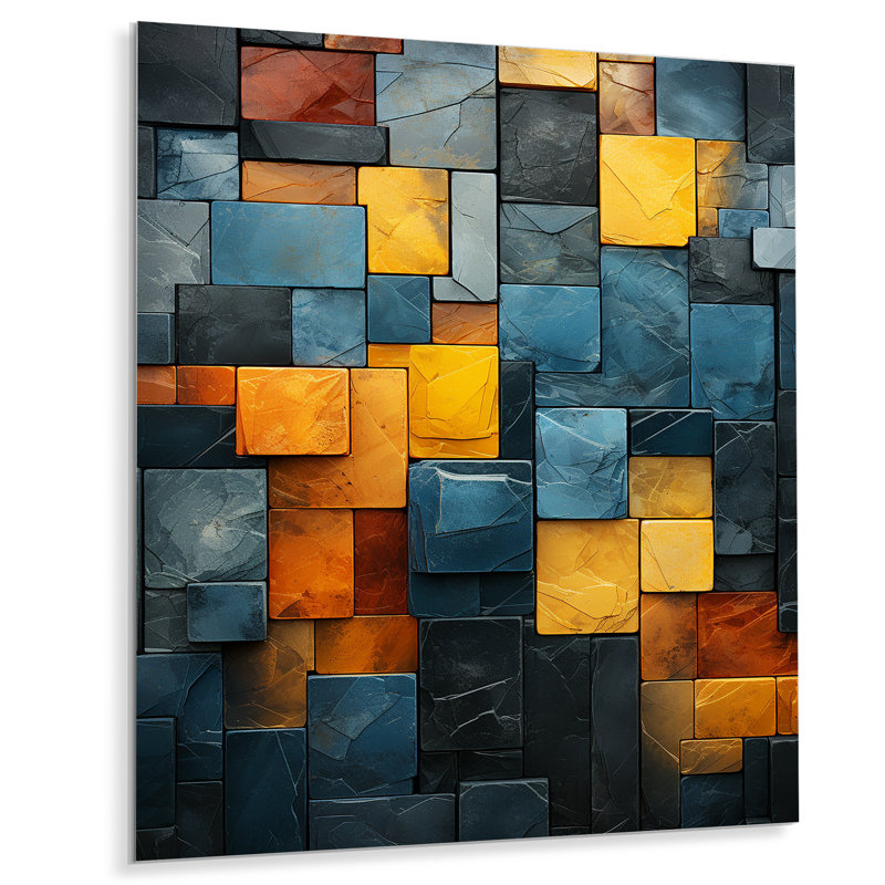 Jaune et gris cubes de pierre II - décoration murale en marbre, H 20 po x l 12 po x P 1 po