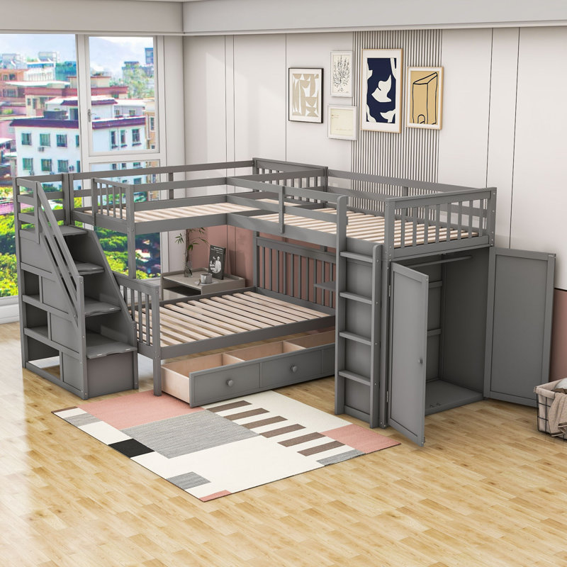 Jashya Kids Bunk Bed with Drawers, Gray