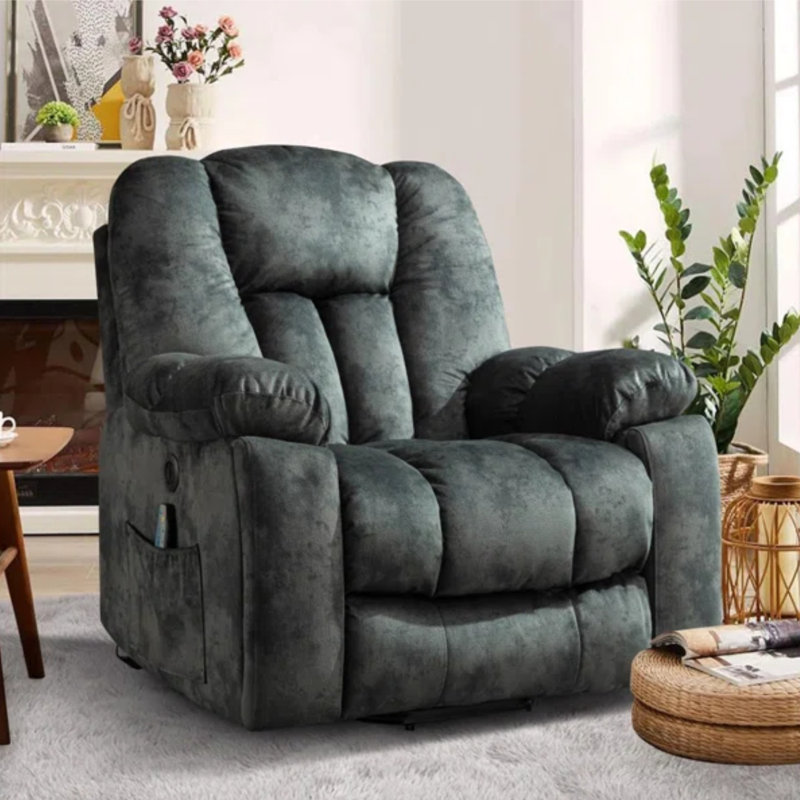 Microfiber/Microsuede and Wood Frame Power Lift Recliner with Heated Massage , Greenish Gray Microfiber