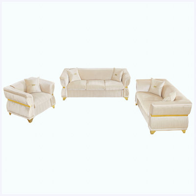 Ensemble de canapé de salon - ensemble de canapé moderne en velours 3 pièces pour le salon, avec garniture en métal doré, pieds fuselés et accoudoirs courbés, avec fauteuil, causeuse et canapé 3 places, beige