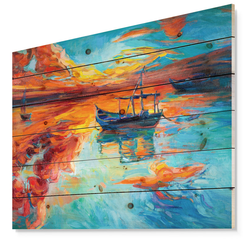 Bateau de pêche au coucher du soleil - reproduction d'art, H 30 po x l 40 po x P 1,5 po, Bois