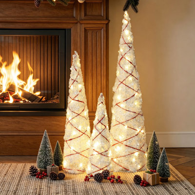 Sapins de Noël en cône argentés pré-illuminés (3 pièces) avec ruban rouge pour la décoration de Noël