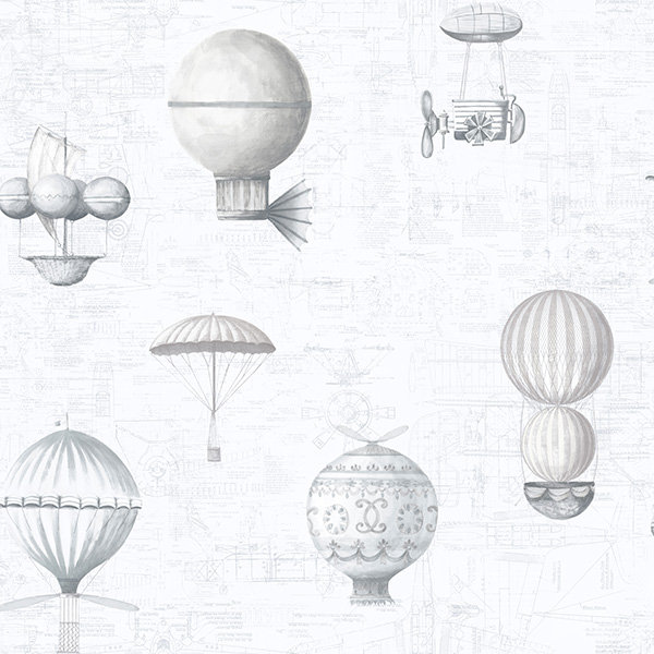 Nostalgie Steampunk Air Balloons 33' L x 21" W Wallpaper Roll, Metallic Silver/Gray/White