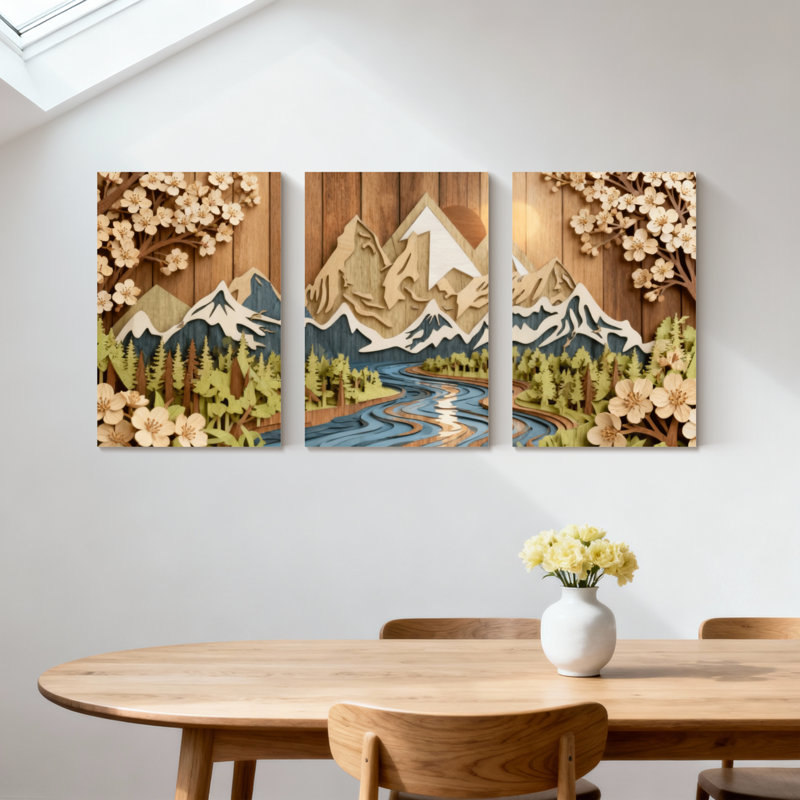 Paysage et nature, paysage de montagne avec fleurs de cerisier et rivière, ensemble de 3 impressions sur toile