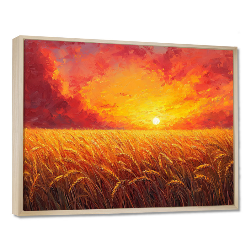 Coucher de soleil sur le champ de blé III - campagne grand art mural, H 16 po x l 32 po, Cadre flottant, Crème, crème