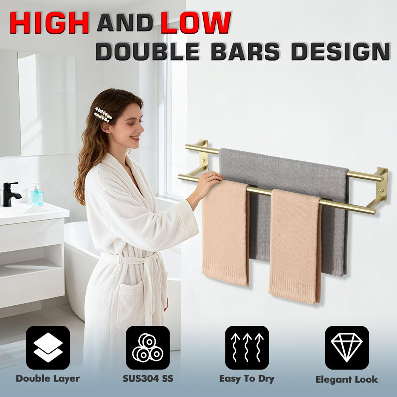 Double barre à serviettes 28 po pour salle de bain murale, or brossé