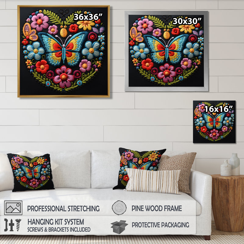 Motif floral broderie boho Papillon, H 30 po x l 30 po x P 1 po, Toile avec cadre noir