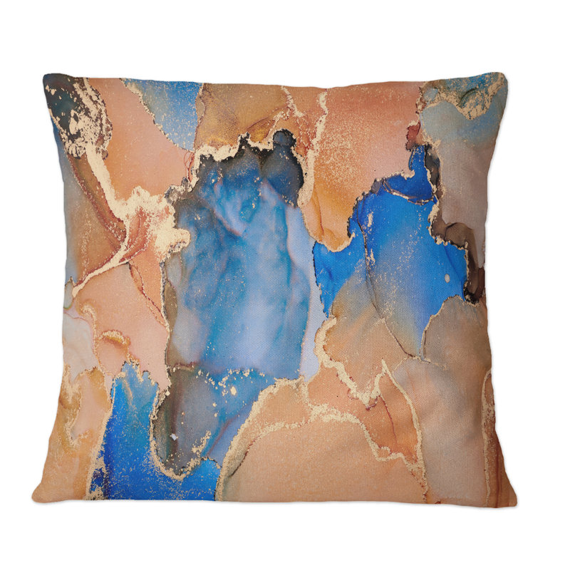 «Blue and Orange Luxury Abstract Fluid Art», coussin décoratif imprimé moderne, 16 po x 16 po
