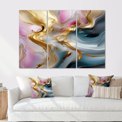 Abstract Waves Pink Blue Gold - Abstract Modern Waves Wall Art Decor Set
