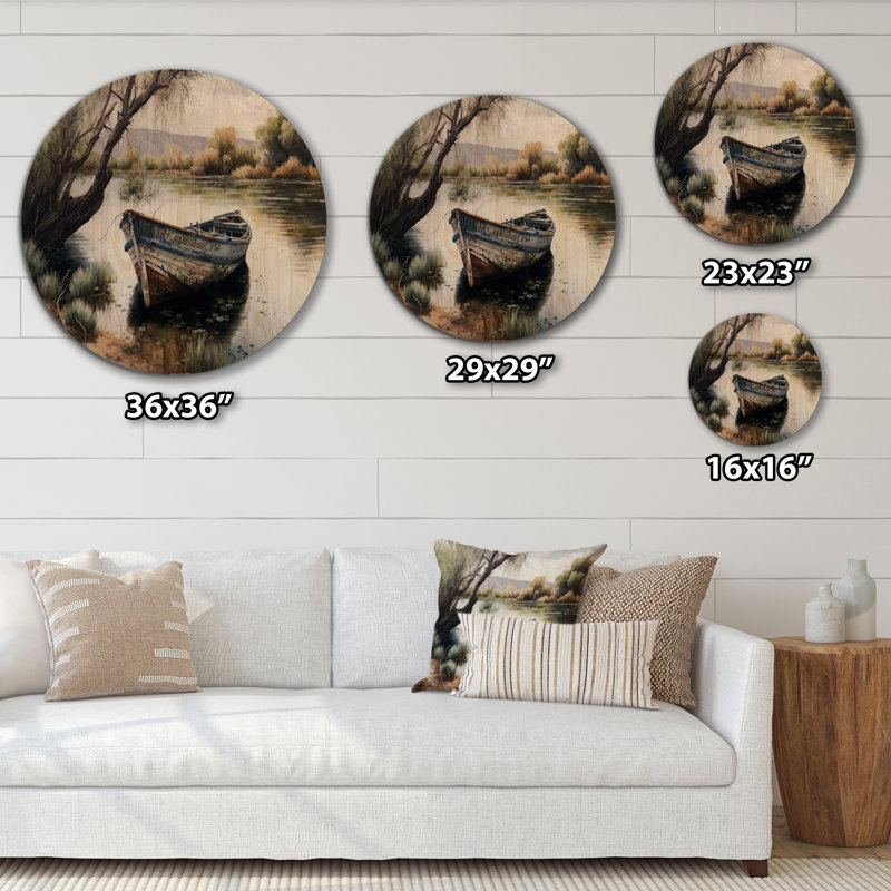 Bateau de pêche dans la rivière - Art mural en bois paysage - Bois de pin naturel, H 23 po x l 23 po x P 1 po