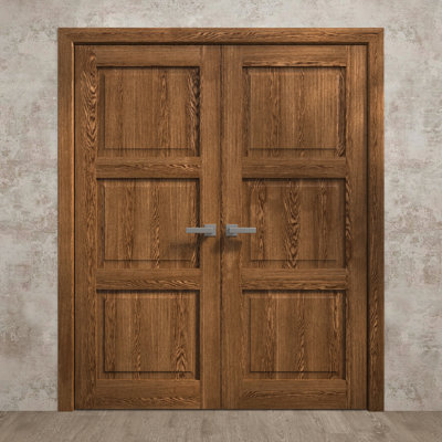 Portes doubles intérieures françaises pleines 36 x 84 pouces Ego 5010 en chêne cognac, cadre à panneaux pleins, portes modernes pour placard et chambre à coucher